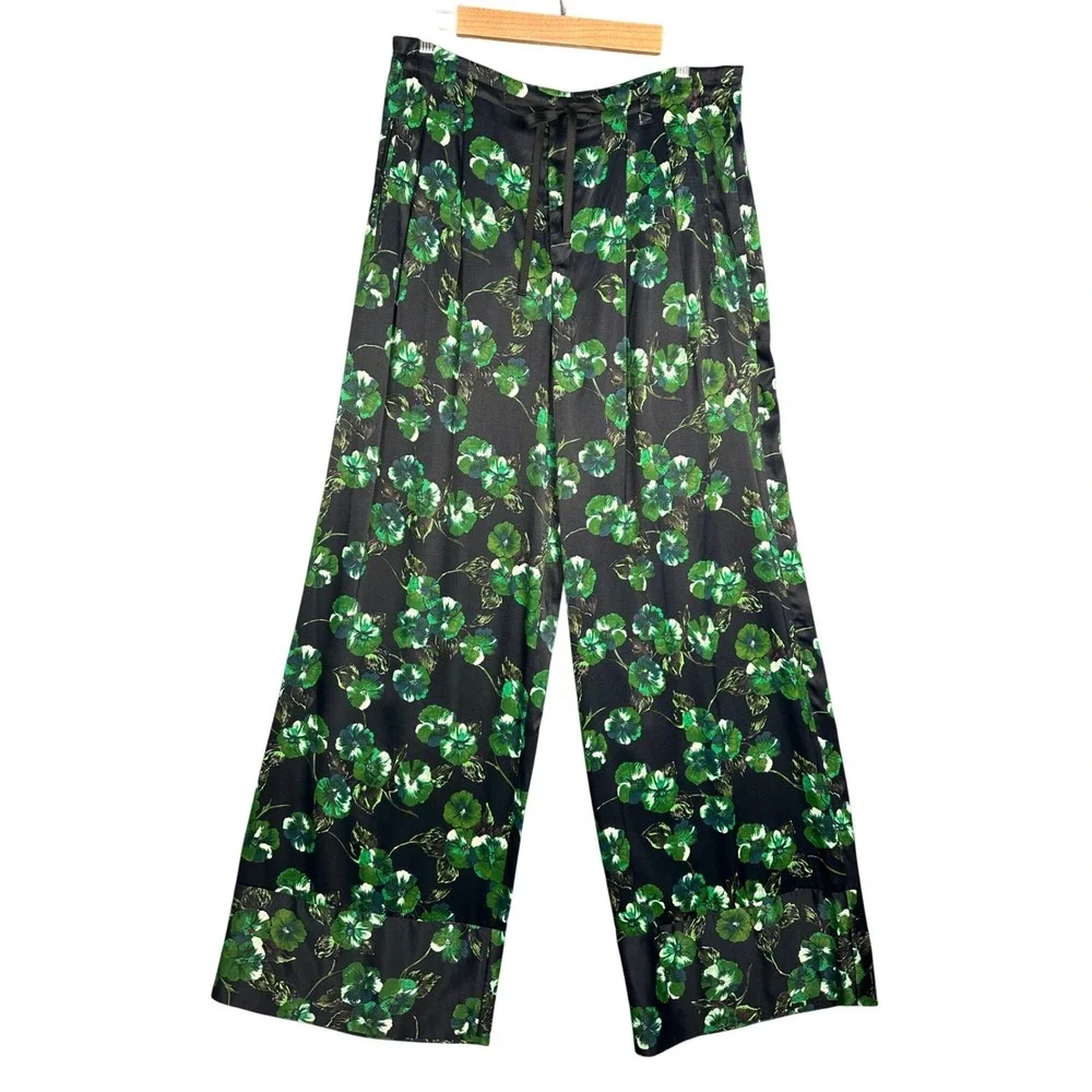 Anthropologie Elevenses Floral Wide Leg Satin Pants 8 Black Green Boho Chic - Picture 2 of 11